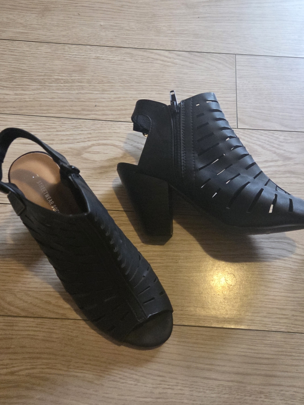 Black Cutout Peep-Toe Block Heel Sandals